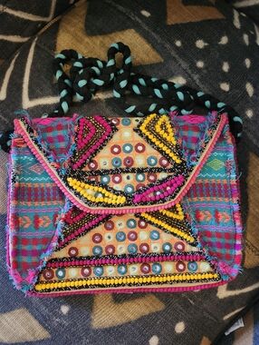 Big Buddah Bohemian Mirrored Cotton Colorful Beaded Boho Crossbody Bag